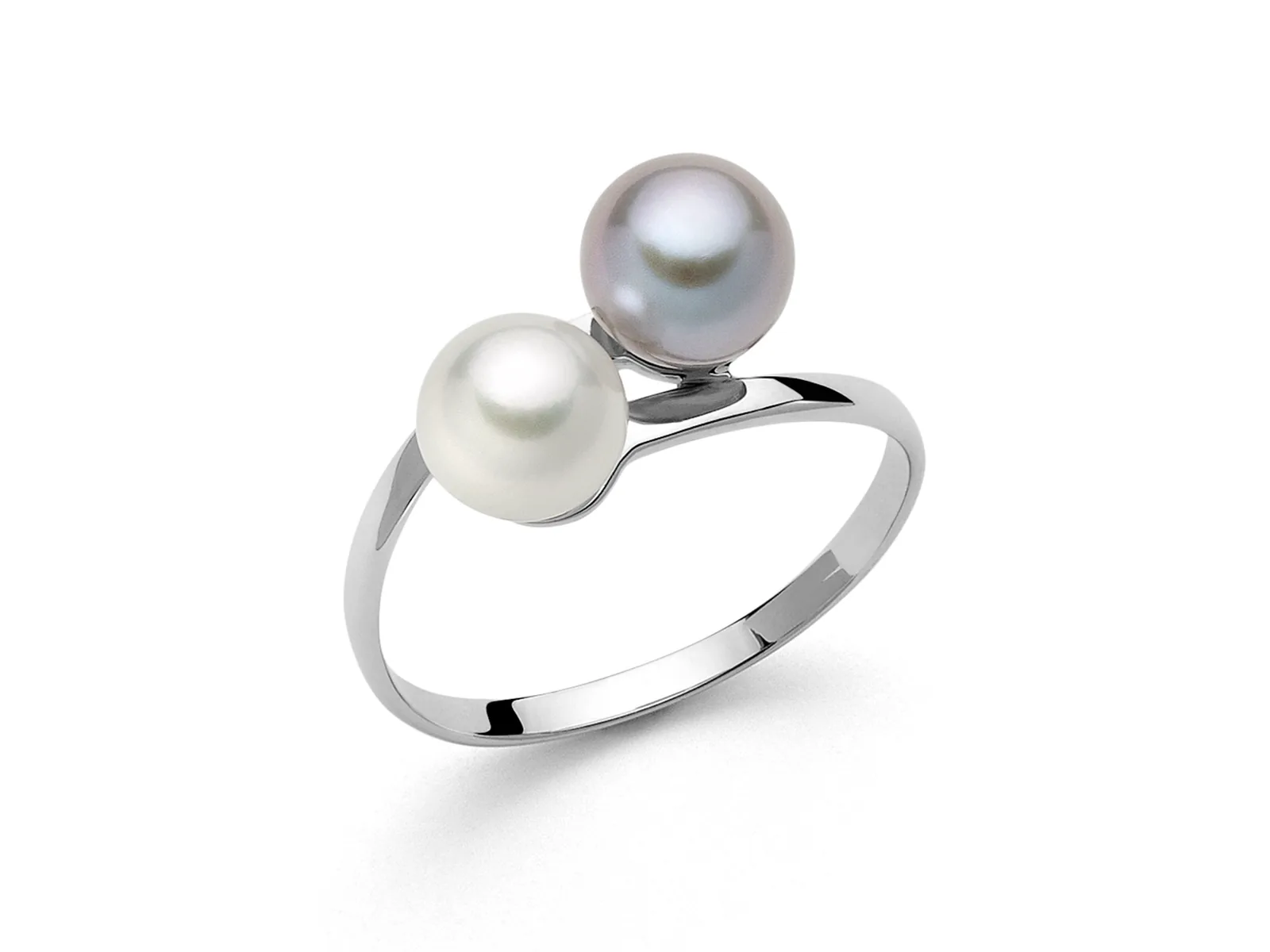 Anello MILUNA con due perle coltivate, una grigia, in oro bianco