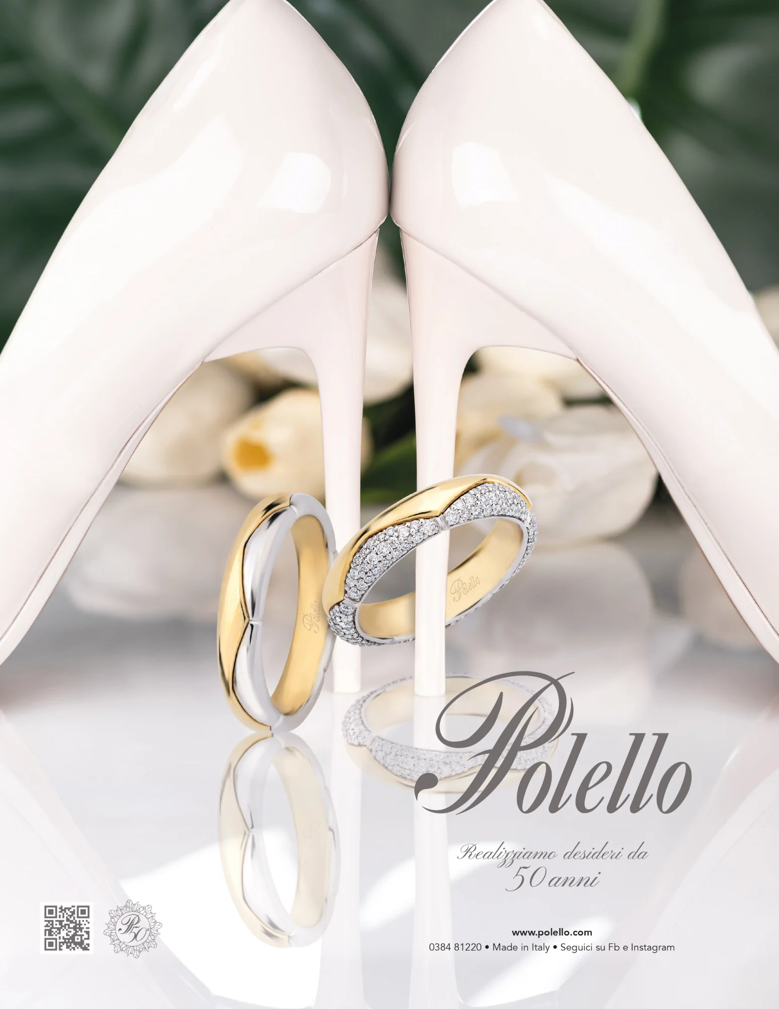 Fedi POLELLO in oro giallo, oro bianco e diamanti, campagna 50 anni POLELLO