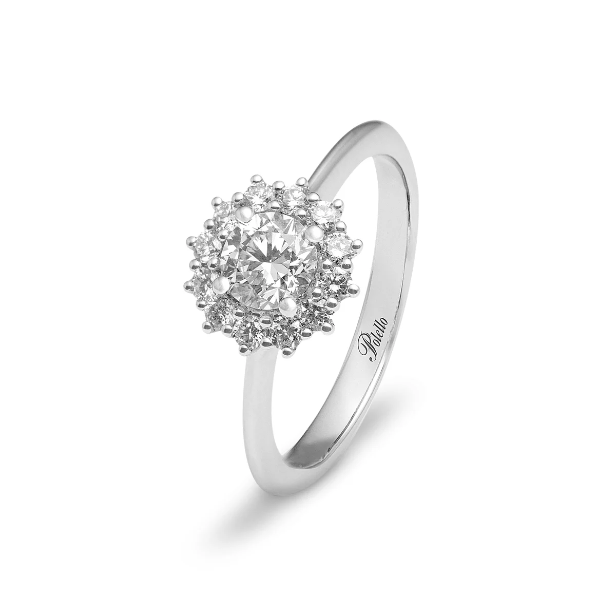 Anello halo POLELLO in platino con diamante centrale e contorno di diamanti